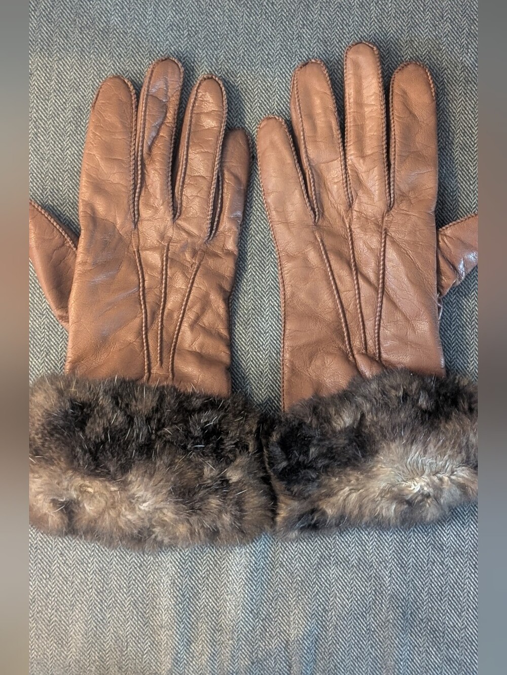 Nordstrom Brown Leather Gloves with Fur Trim